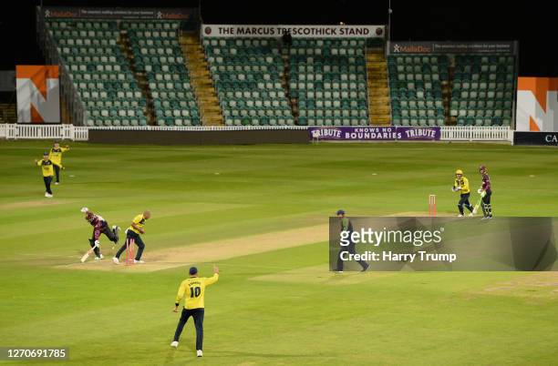 James Hildreth of Somerset is run out by Jeetan Patel of Birmingham Bears during the Vitality T20 Blast match between Somerset and Birmingham Bears...