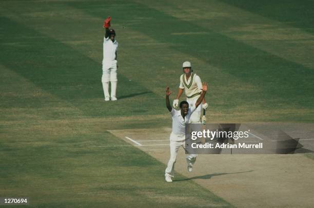 Malcolm Marshall of the West Indies has Imran Khan of Pakistan for LBW during the First Test match at Gaddafi Stadium in Lahore, Pakistan. The match...