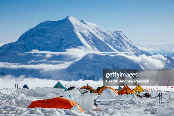 tents at 14k camp on denali in denali national park, alaska, usa - basislager stock-fotos und bilder
