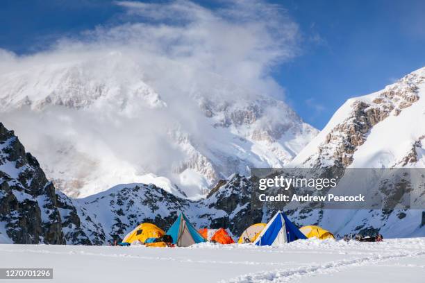 tents at base camp on lower kahiltna glacier in denali national park, alaska, usa - base camp stock pictures, royalty-free photos & images
