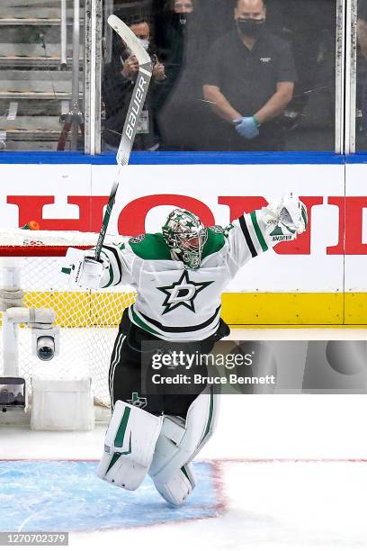 Anton Khudobin of the Dallas Stars celebrates the game-winning goal by teammate Joel Kiviranta , against the Colorado Avalanche during the first...