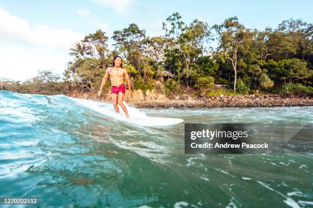 surfer riding wave in sea - noosa heads stock pictures, royalty-free photos & images