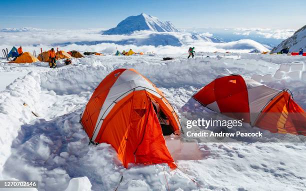 tents at 14k camp on denali in denali national park and preserve - base camp stock pictures, royalty-free photos & images