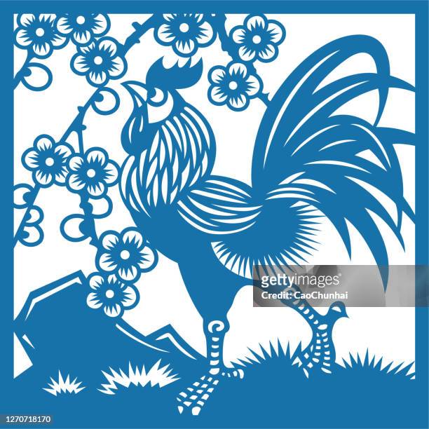 rooster and plum(china paper-cut patterns) - rooster print stock illustrations