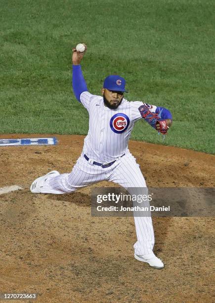 Jeremy Jeffress of the Chicago Cubs pitches the 9th inning against the St. Louis Cardinals at Wrigley Field on September 04, 2020 in Chicago,...