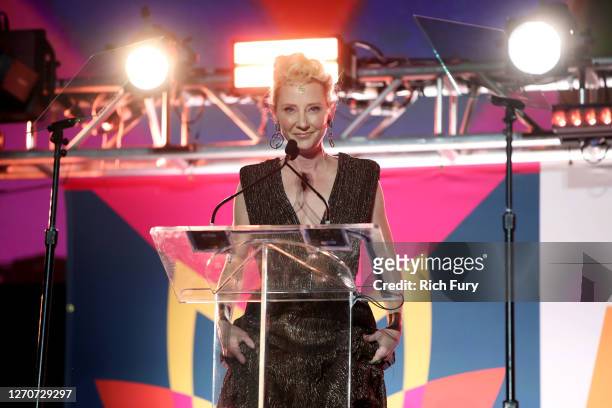 Anne Heche speaks onstage at the 27th Annual Race To Erase MS: Drive-In To Erase MS at Rose Bowl on September 04, 2020 in Pasadena, California.