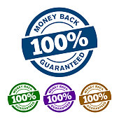 Simple 100% Money Back Guaranteed Vector badge icon with colorful variants ribbon on top isolated on white background.