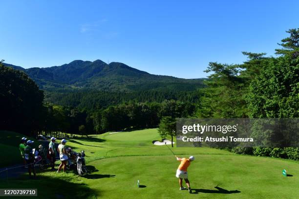 Ai Suzuki of Japan hits her tee shot on the 4th hole during the second round of the GOLF5 Ladies Tournament at the GOLF5 Country Mizunami Course on...