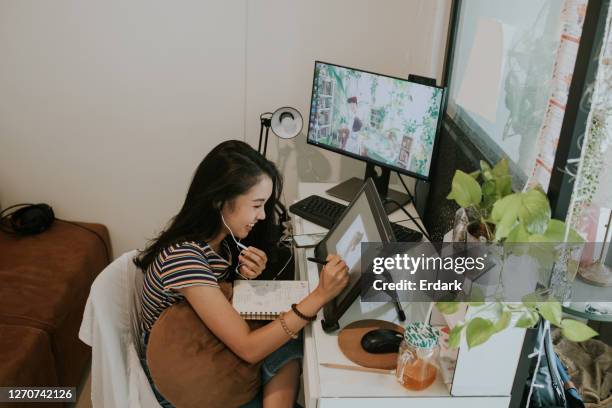 cartoonist woman with good feeling create good design work-stock photo - drawing board cartoon stock pictures, royalty-free photos & images
