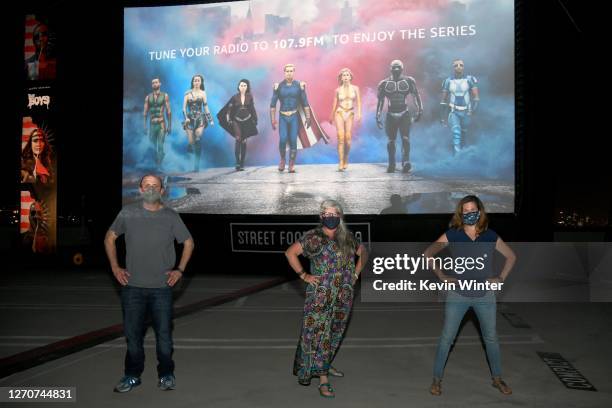 Eric Kripke, Laura Jean Shannon and Michaela Starr attend Amazon Prime Video's "The Boys" Season 2 Drive-In Premiere & Fan Screening on September 04,...