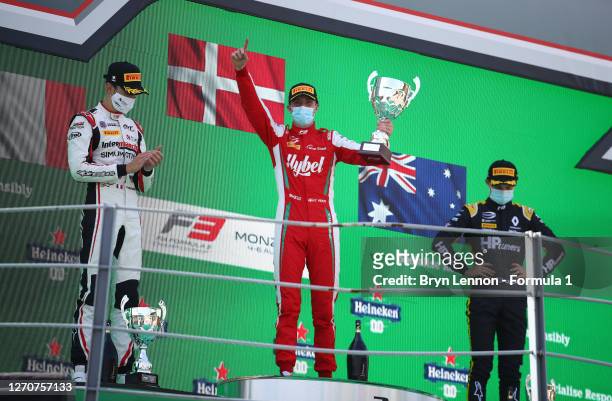 Race winner Frederik Vesti of Denmark and Prema Racing, second placed Theo Pourchaire of France and ART Grand Prix and third placed Oscar Piastri of...