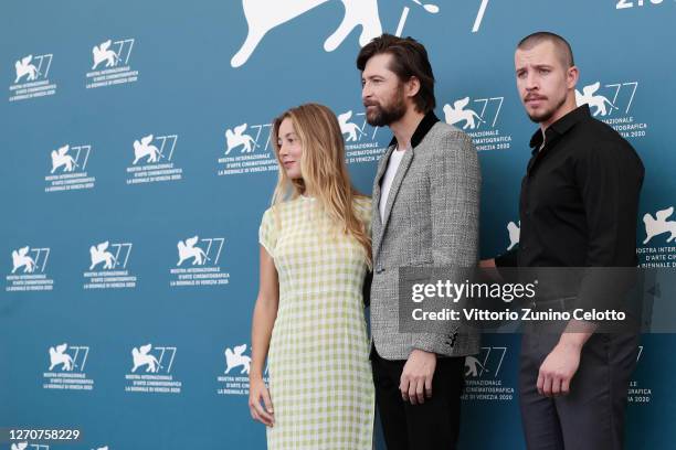 Charlotte Vega, Director Filip Jan Rymsza and Beau Knapp attend the photocall of the movie "Mosquito State" at the 77th Venice Film Festival on...