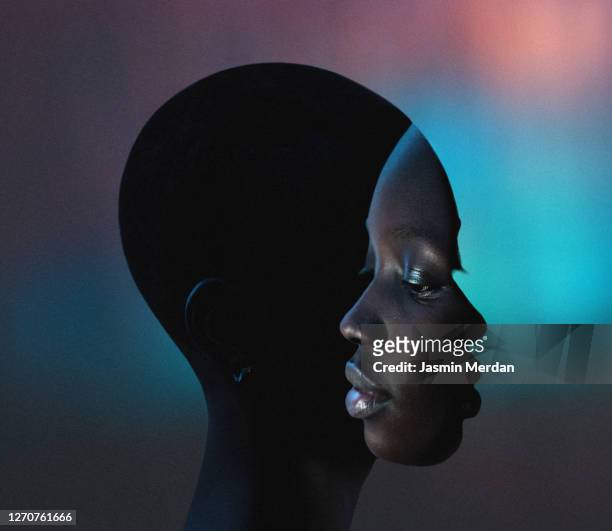 double exposure portrait of beautiful black woman face - art modeling studio stock pictures, royalty-free photos & images