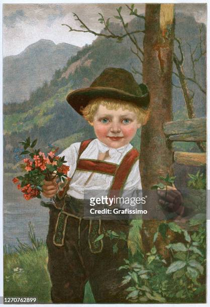 illustrations, cliparts, dessins animés et icônes de garçon bavarois dans les vêtements traditionnels lederhosen en bavière 1893 - knickers