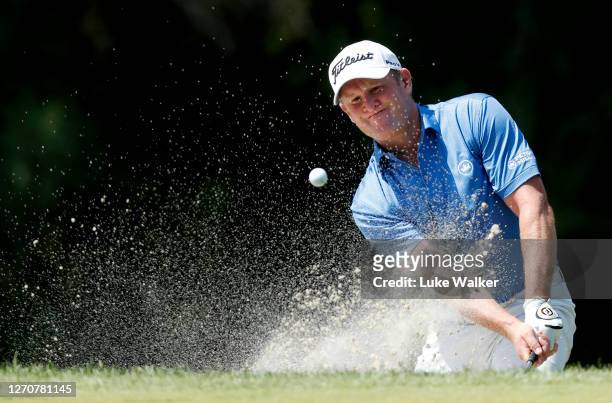 Jamie Donaldson of Wales plays out of a bunker on the 7th hole during day three of the Estrella Damm N. A. Andalucia Masters golf tournament at Real...