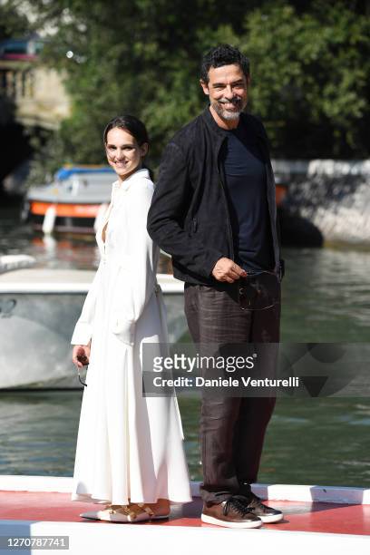Sara Serraiocco and Alessandro Gassmann are seen arriving at the Excelsior during the 77th Venice Film Festival on September 05, 2020 in Venice,...
