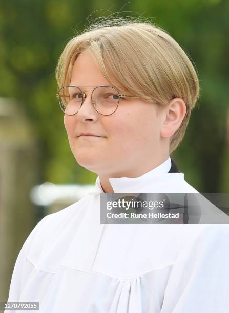 Prince Sverre Magnus attends his confirmation service at Asker Church on September 5, 2020 in Oslo, Norway.