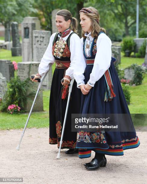 Princess Martha-Louise of Norway and Leah Isadora Behn attend Prince Sverre Magnus' confirmation service at Asker Church on September 5, 2020 in...