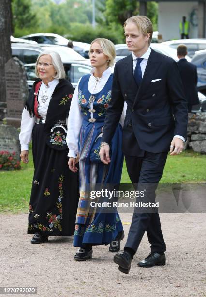 Marit Tjessem, Marius Borg Hoiby and Juliana Snekkestad attend Prince Sverre Magnus' confirmation service at Asker Church on September 5, 2020 in...