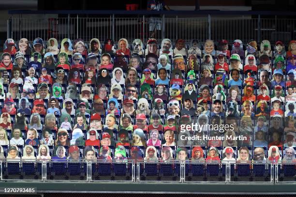 View of seats filled with fan cut-outs during a game between the Philadelphia Phillies and the Atlanta Braves at Citizens Bank Park on August 30,...