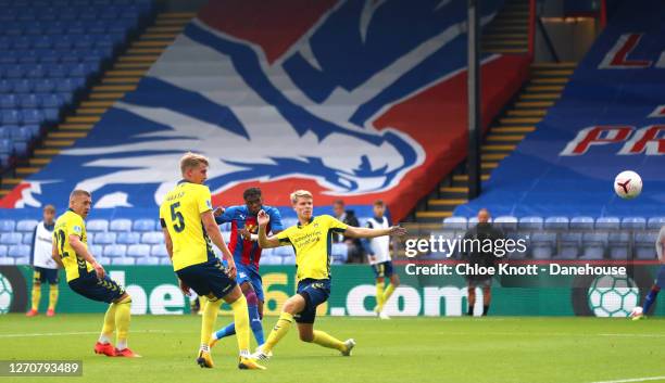 Wilfred Zaha of Crystal Palace scores his teams first goal during the Pre Season Friendly match between Crystal Palace and Brondby IF at Selhurst...