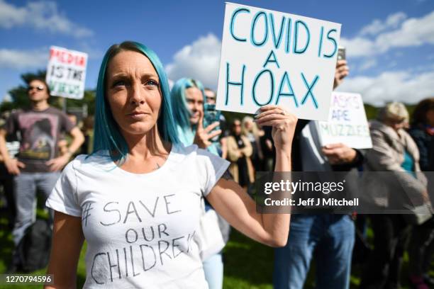 Protestors gather near the Scottish Parliament to demonstrate against a secondary lockdown, coronavirus face covering rules and the search for a...