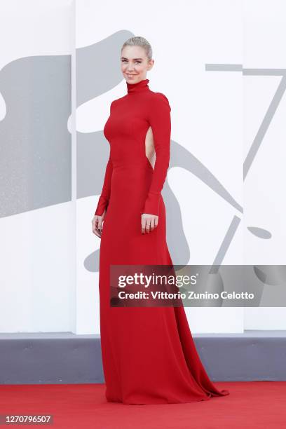 Vanessa Kirby walks the red carpet ahead of the movie "Pieces of a woman" at the 77th Venice Film Festival on September 05, 2020 in Venice, Italy.