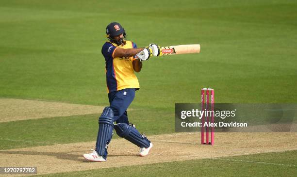 Varun Chopra of Essex hits out during the Vitality Blast match between Essex Eagles and Kent Spitfires at The Kia Oval on September 05, 2020 in...