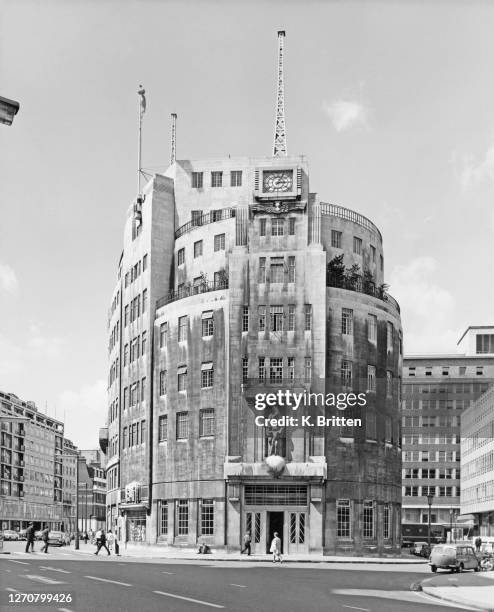 The entrance to Broadcasting House, the Art Deco headquarters of the BBC, designed by architect George Val Myer, and located on Langham Place in...