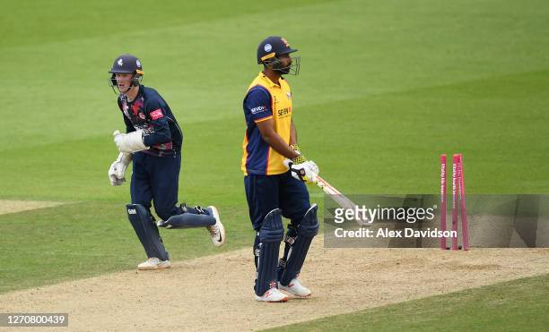 Jordan Cox of Kent stumps Varun Chopra of Essex during the Vitality Blast match between Essex Eagles and Kent Spitfires at The Kia Oval on September...