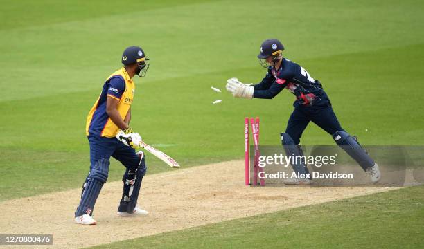 Jordan Cox of Kent stumps Varun Chopra of Essex during the Vitality Blast match between Essex Eagles and Kent Spitfires at The Kia Oval on September...