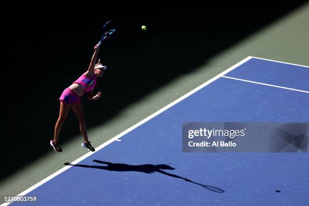 Amanda Anisimova of the United States serves during her Women’s Singles third round match against Maria Sakkari of Greece on Day Six of the 2020 US...