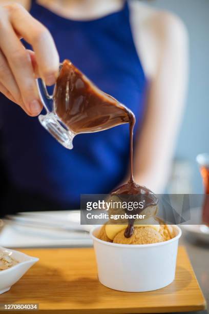 closeup picture of profiteroles bathing in chocolate - calda de caramelo imagens e fotografias de stock