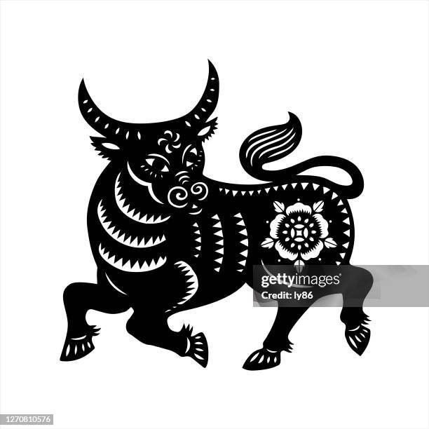 ox papercut, year of the ox, 2021, happy new year, chinese new year - wild cattle stock illustrations