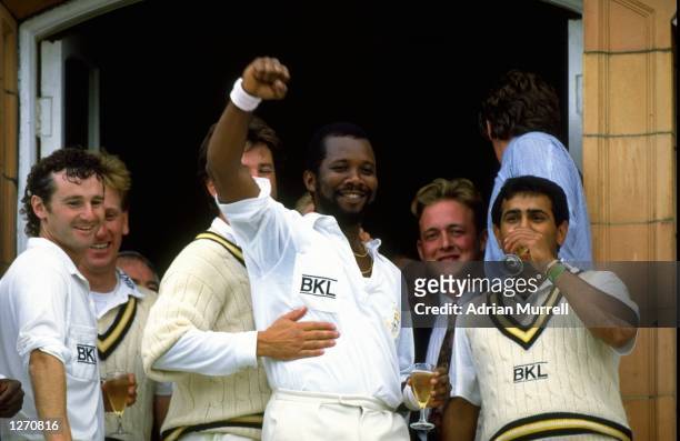 Malcolm Marshall of Hampshire celebrates after their victory in the Benson and Hedges final against Kent at Lord's in London. \ Mandatory Credit:...