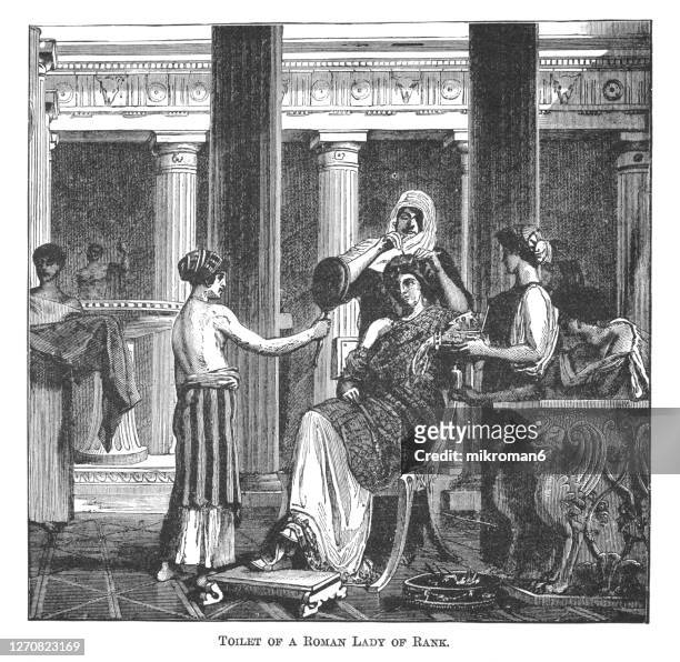 old engraved illustration of roman woman during morning toilet - ancient greece stock pictures, royalty-free photos & images