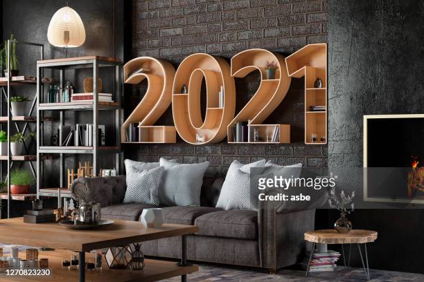 2021 boekenplank met gezellig interieur - 2021 stockfoto's en -beelden