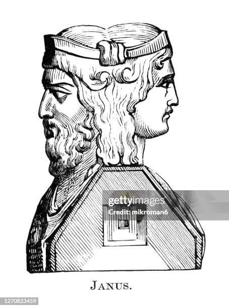 old engraved illustration of janus god of beginnings, gates, transitions, time, duality, doorways, passages, and ending - janus stock-fotos und bilder