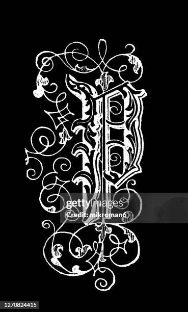 old engraved illustration of letter p, decorative ornament - ps arts stock pictures, royalty-free photos & images