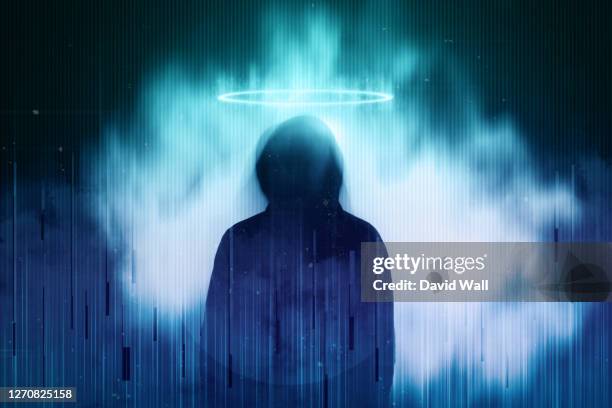 silhouette of a mysterious figure with a glowing halo above thier head, surrounded by a glitch, blue neon edit. - man angel wings stock pictures, royalty-free photos & images