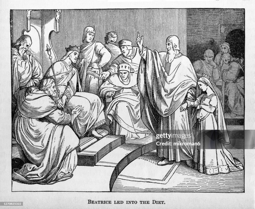 Otto IV (Holy roman emperor and Her future husband) receiving Beatrix of Swabia as his future wife, 1212. Beatrice or Beatrix of Swabia