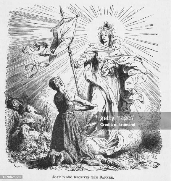 old engraved illustration of joan d'arc receives the banner, the maid of orléans - st joan of arc stock pictures, royalty-free photos & images
