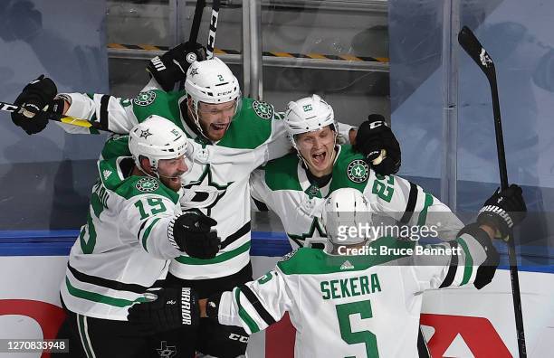 Joel Kiviranta of the Dallas Stars celebrates his overtime winning goal against the Colorado Avalanche in Game Seven of the Western Conference Second...