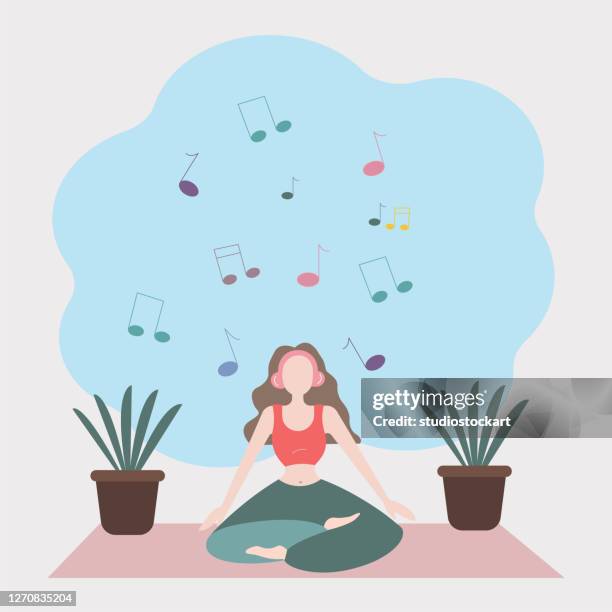 frau yoga zu hause vektor hintergrund-illustration. - lotussitz stock-grafiken, -clipart, -cartoons und -symbole