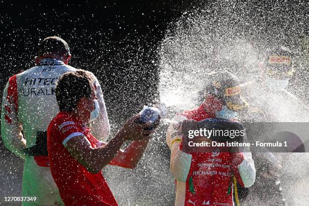 Race winner Mick Schumacher of Germany and Prema Racing, second placed Luca Ghiotto of Italy and Hitech Grand Prix and third placed Christian...