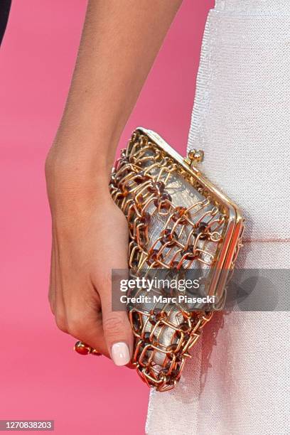 Actress Christine Gautier, clutch bag detail, attends the "Teddy" premiere at 46th Deauville American Film Festival on September 05, 2020 in...