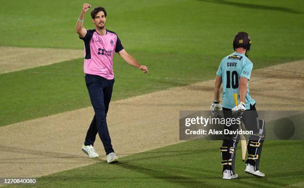 Steve Finn of Middlesex celebrates the wicket of Laurie Evans of Surrey during the Vitality Blast T20 match between Surrey and Middlesex at The Kia...