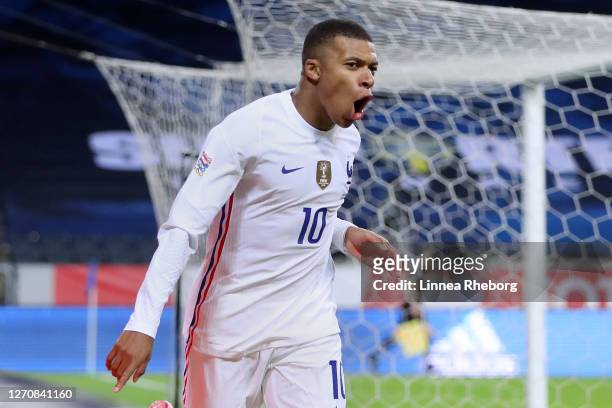 Kylian Mbappe of France celebrates after scoring his team's first goal during the UEFA Nations League group stage match between Sweden and France at...