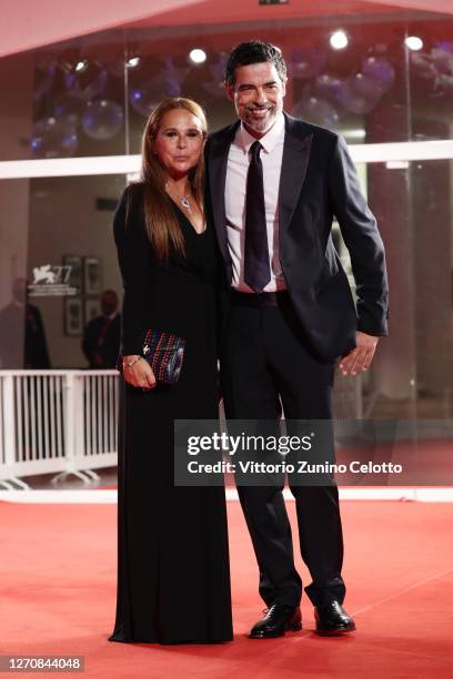 Sabrina Knaflitz and Alessandro Gassmann walk the red carpet ahead of the movie "Mandibules" at the 77th Venice Film Festival on September 05, 2020...