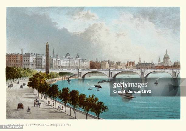 thames embankment, looking east, victorian london landmarks, 1890s - cleopatra s needle london stock illustrations